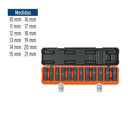 Juego de 12 dados largos de impacto cuadro 1/2" 6 puntas mm