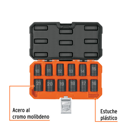 Juego de 12 dados de impacto cuadro 1/2', 6 puntas mm