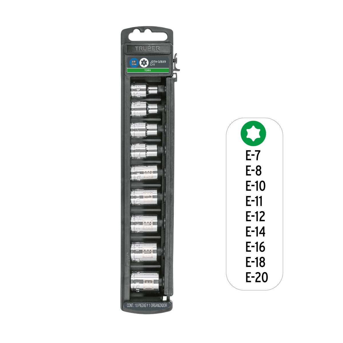 Juego de 9 dados cuadro 3/8' torx, Truper
