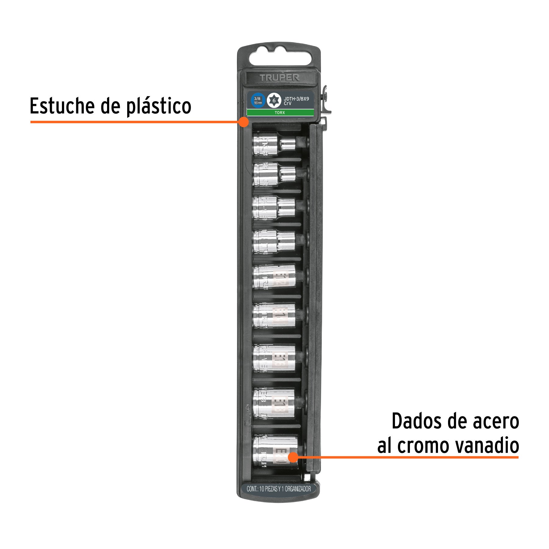 Juego de 9 dados cuadro 3/8' torx, Truper
