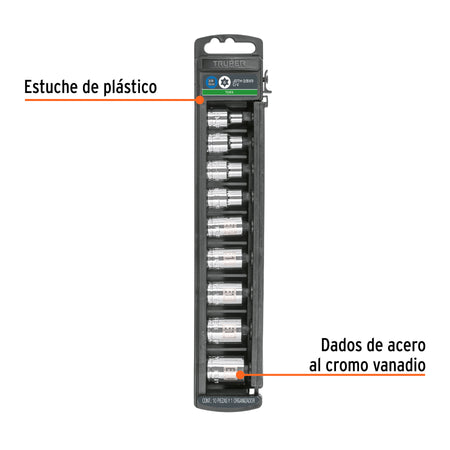 Juego de 9 dados cuadro 3/8' torx, Truper