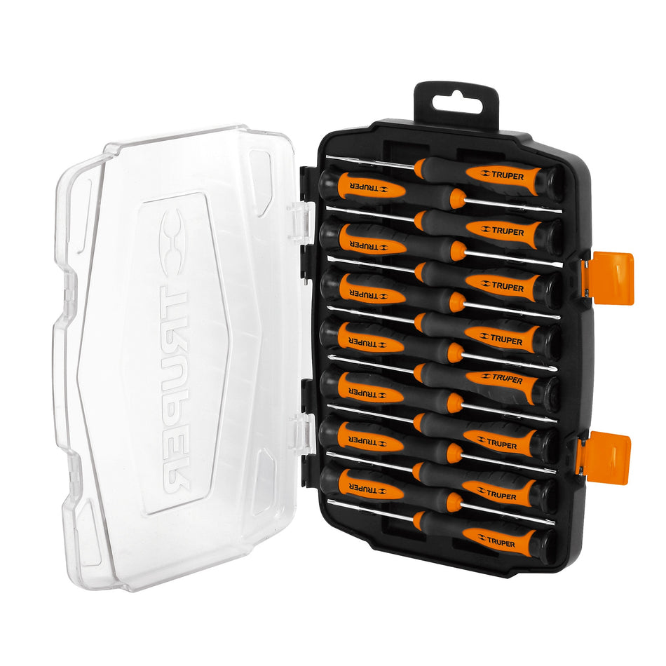 Juego con 15 desarmadores largos de precision Truper