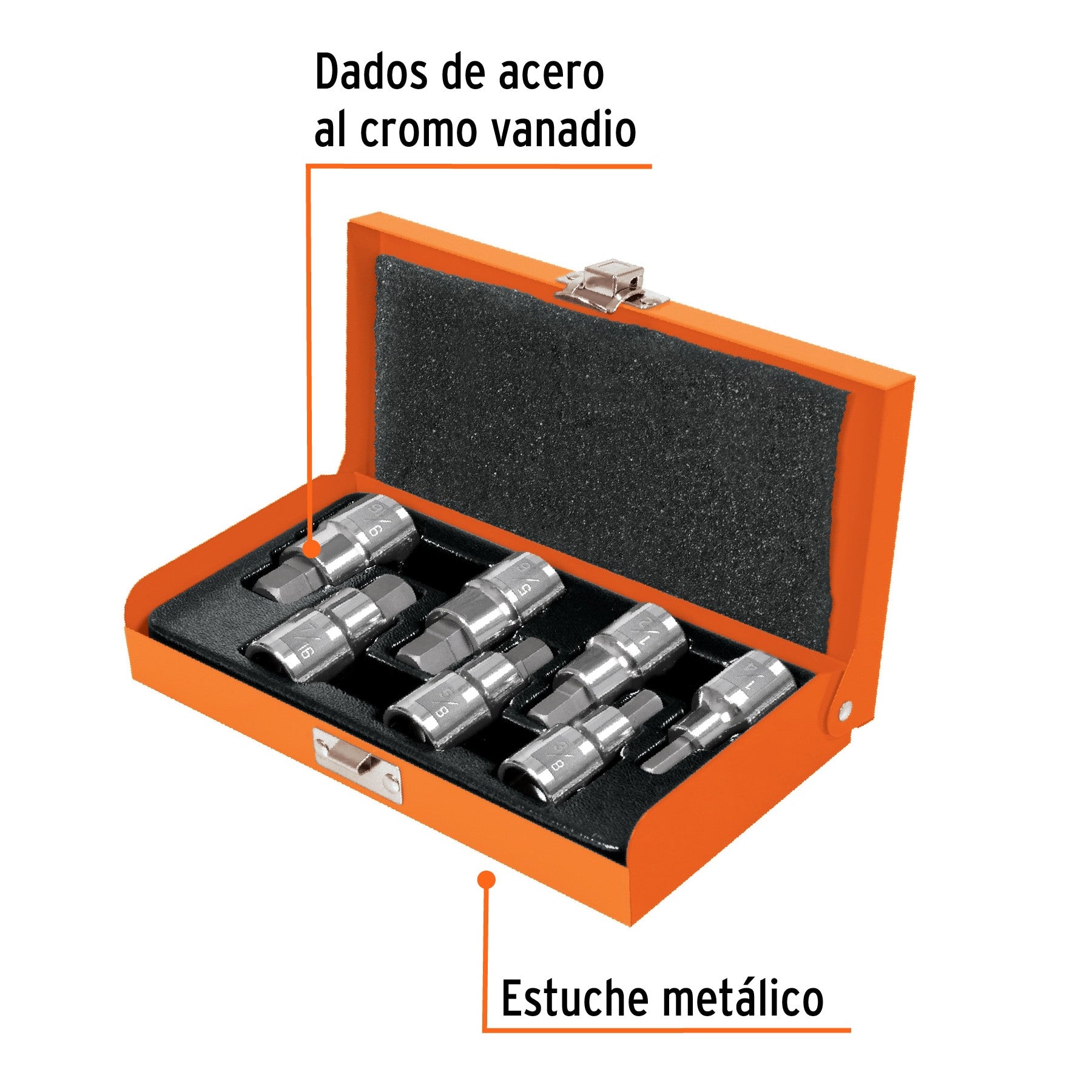 Juego de dados cuadro punta hex std, estuche metálico Juego de 5 dados cuadro 3/8' punta hex std, estuche metálico