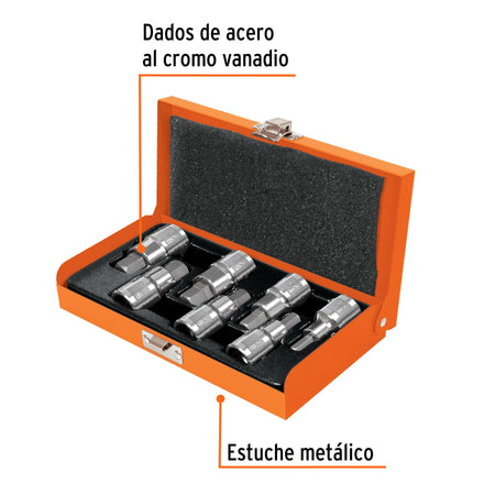 Juego de dados cuadro punta hex std, estuche metálico Juego de 5 dados cuadro 3/8' punta hex std, estuche metálico