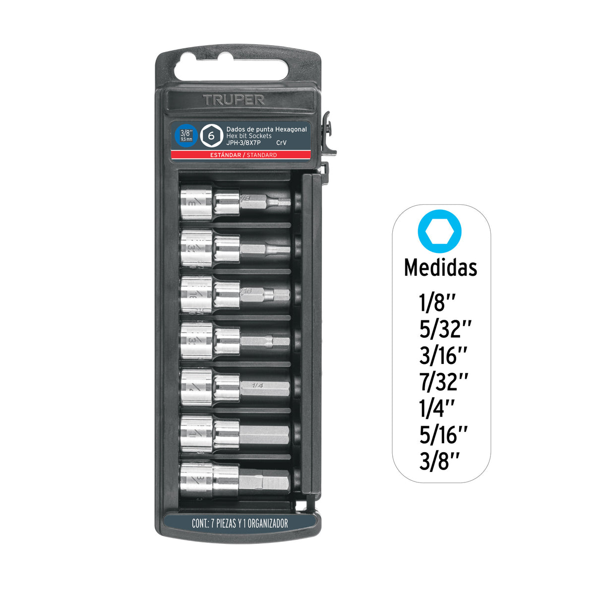 Juego de 7 dados punta hexagonal std, cuadro 3/8', Truper