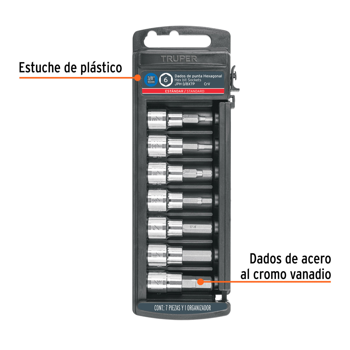 Juego de 7 dados punta hexagonal std, cuadro 3/8', Truper
