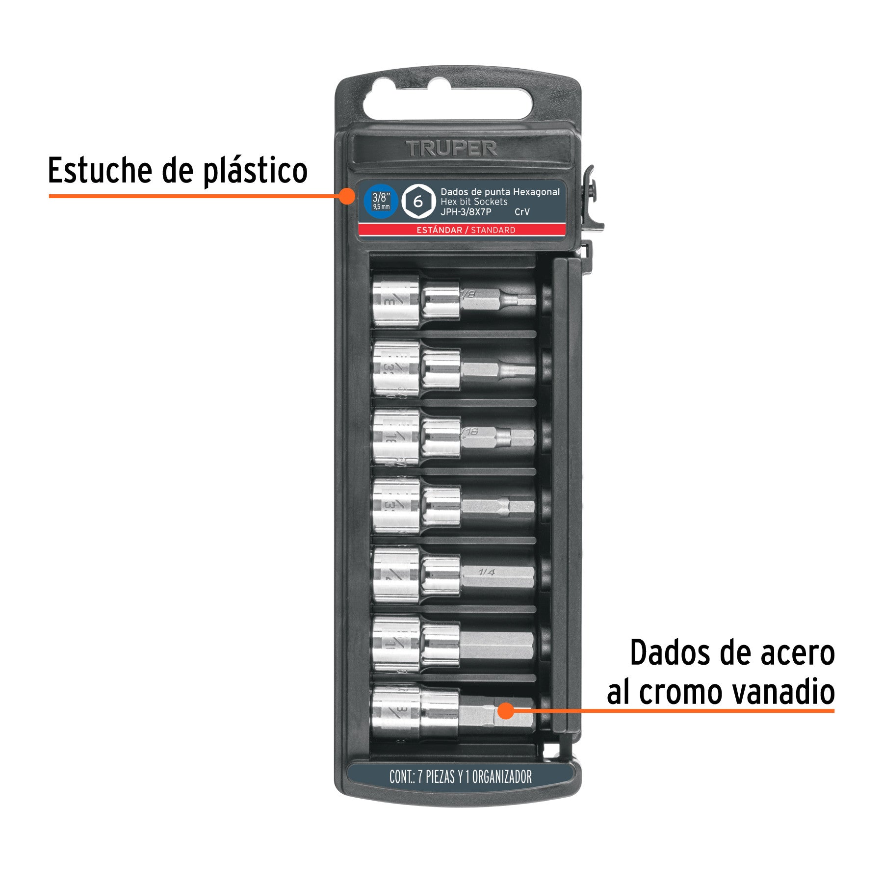 Juego de 7 dados punta hexagonal std, cuadro 3/8', Truper