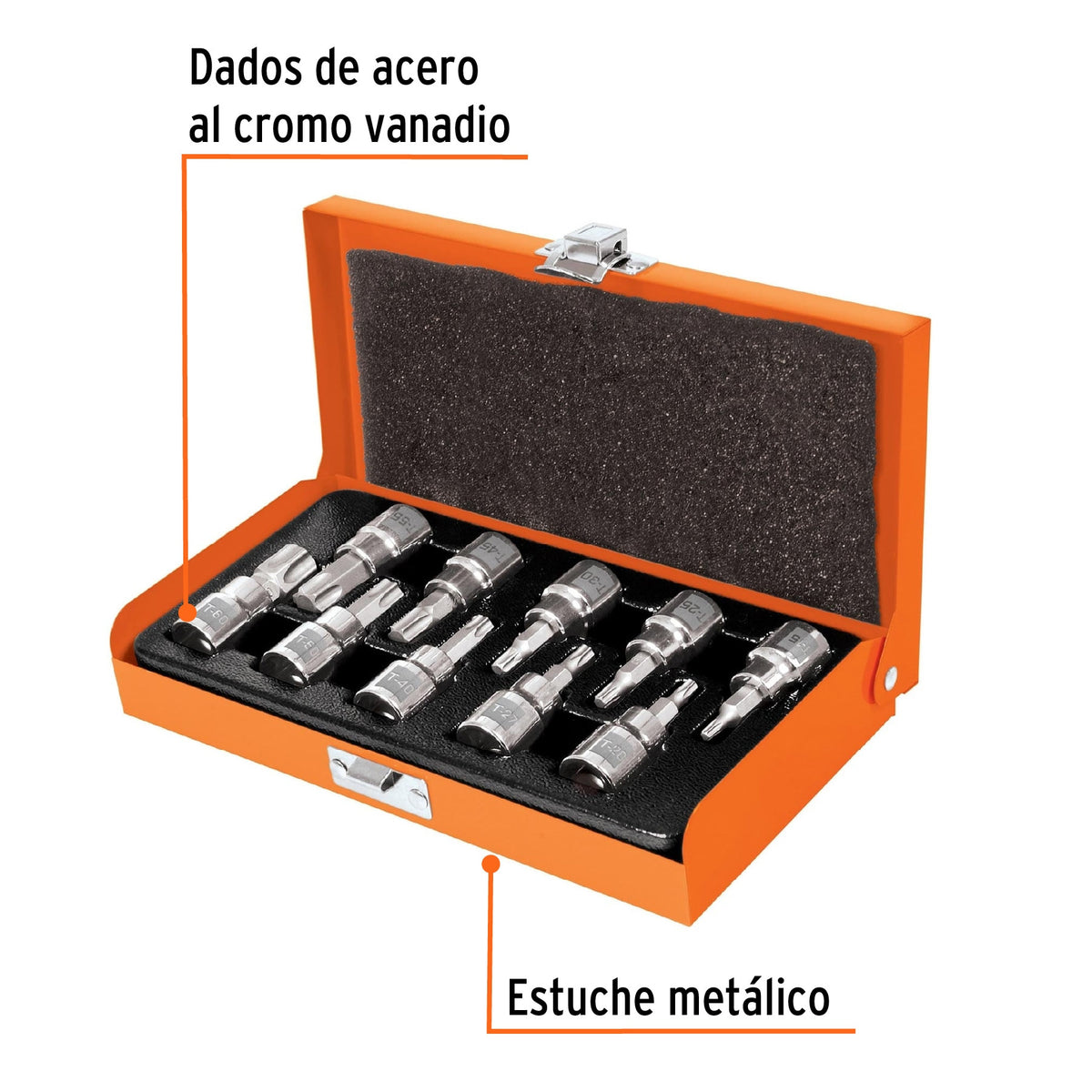 Juego de 10 dados cuadro 3/8' punta torx, estuche metálico
