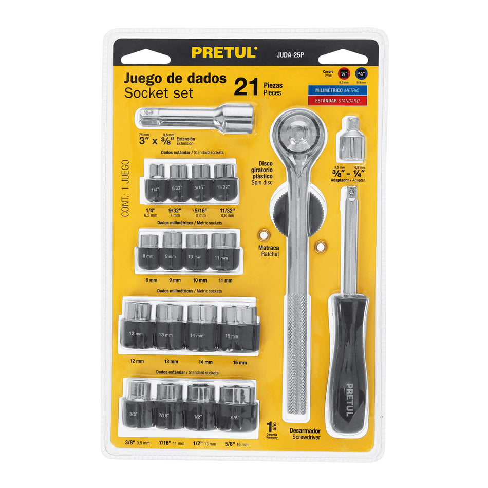 Juego de 21 herramientas 1/4" y 3/8" para mecanico Pretul