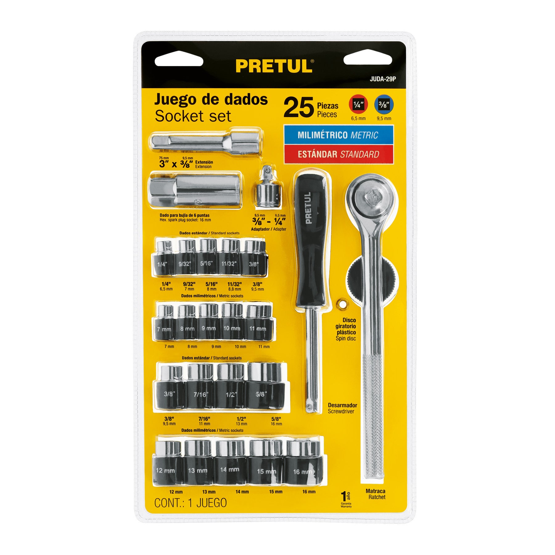 Juego de 25 herramientas 1/4' y 3/8' para mecánico, Pretul