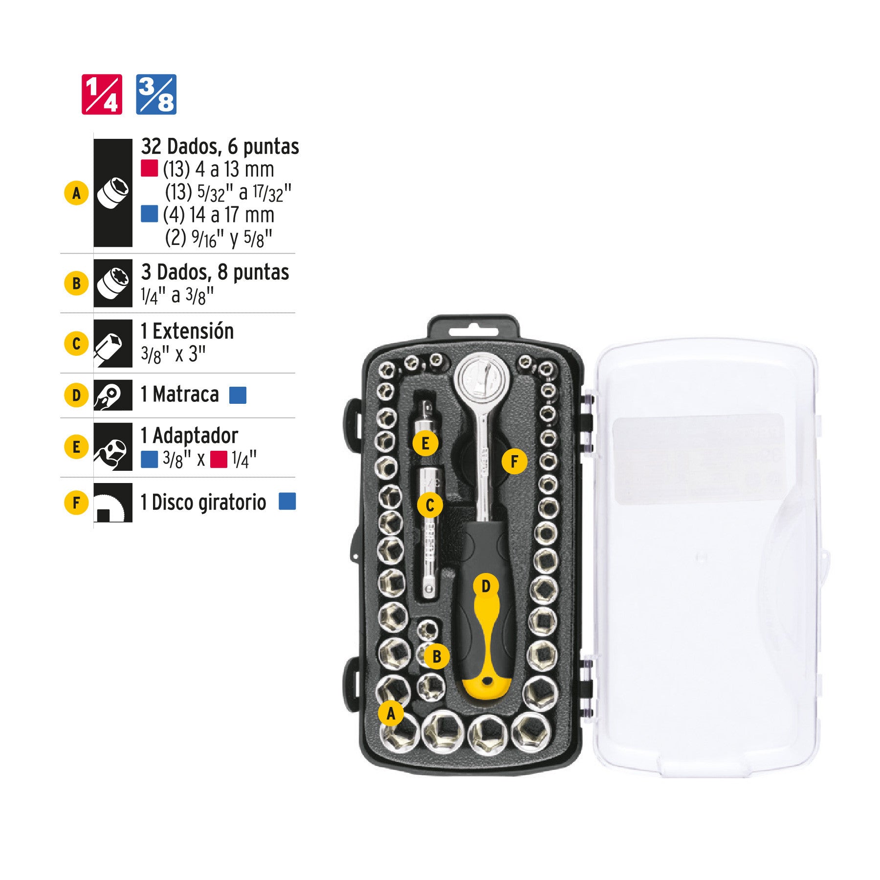 Juego de 39 herramientas 1/4' y 3/8' para mecánico, Pretul