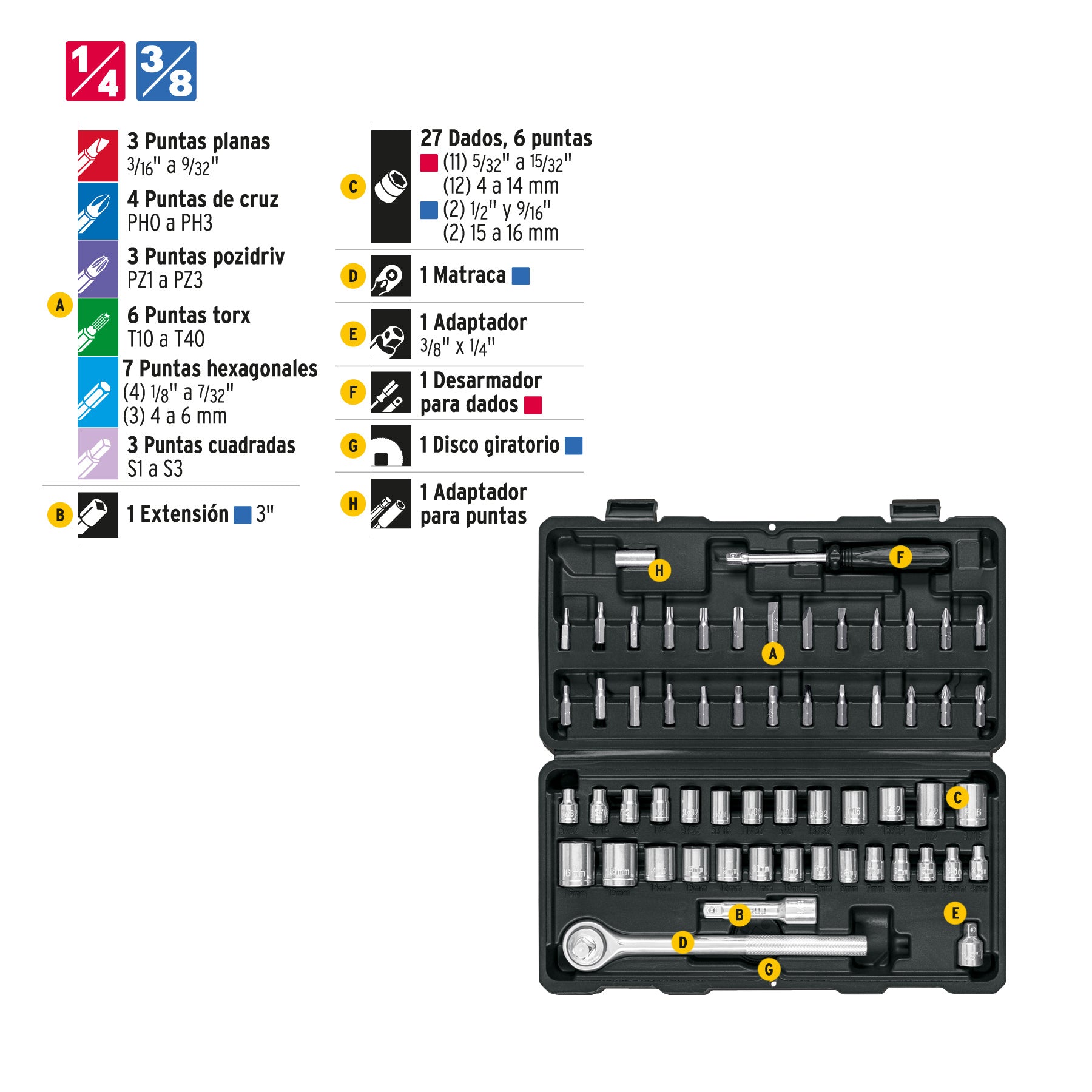 Juego de 60 herramientas 1/4' y 3/8' para mecánico, Pretul