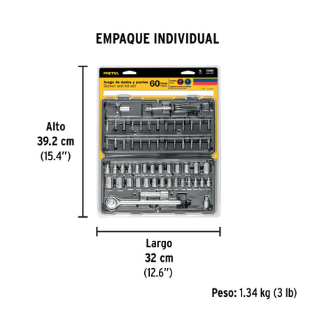 Juego de 60 herramientas 1/4' y 3/8' para mecánico, Pretul