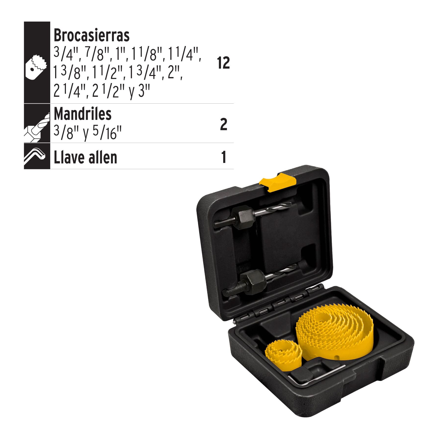 Juego de 12 brocasierras 2 mandriles y llave allen Pretul