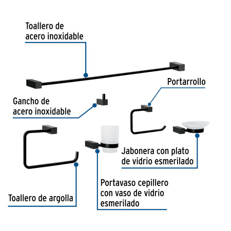 Juego de 6 accesorios para baño, negro, FOSET KUBO