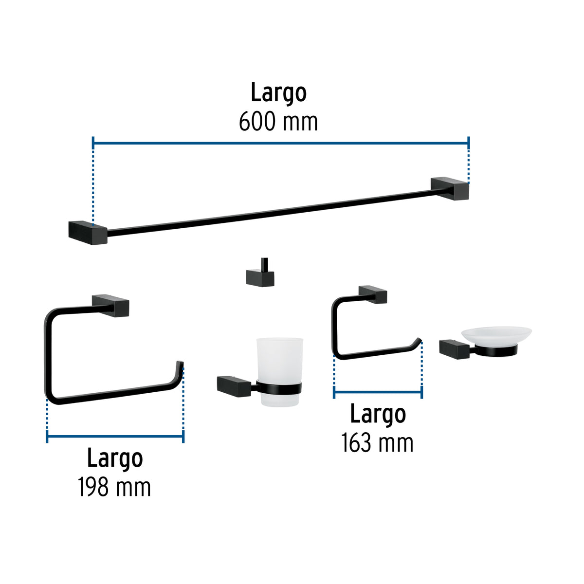 Juego de 6 accesorios para baño, negro, FOSET KUBO