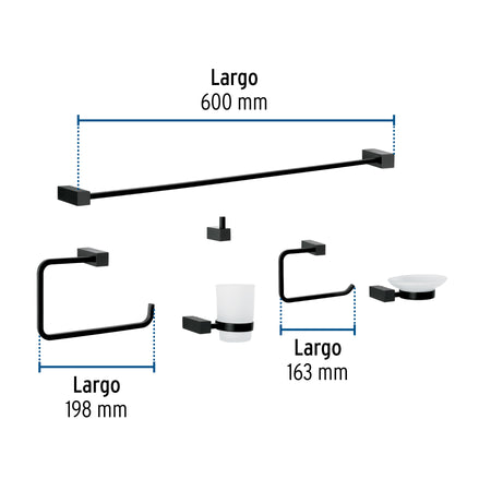 Juego de 6 accesorios para baño, negro, FOSET KUBO