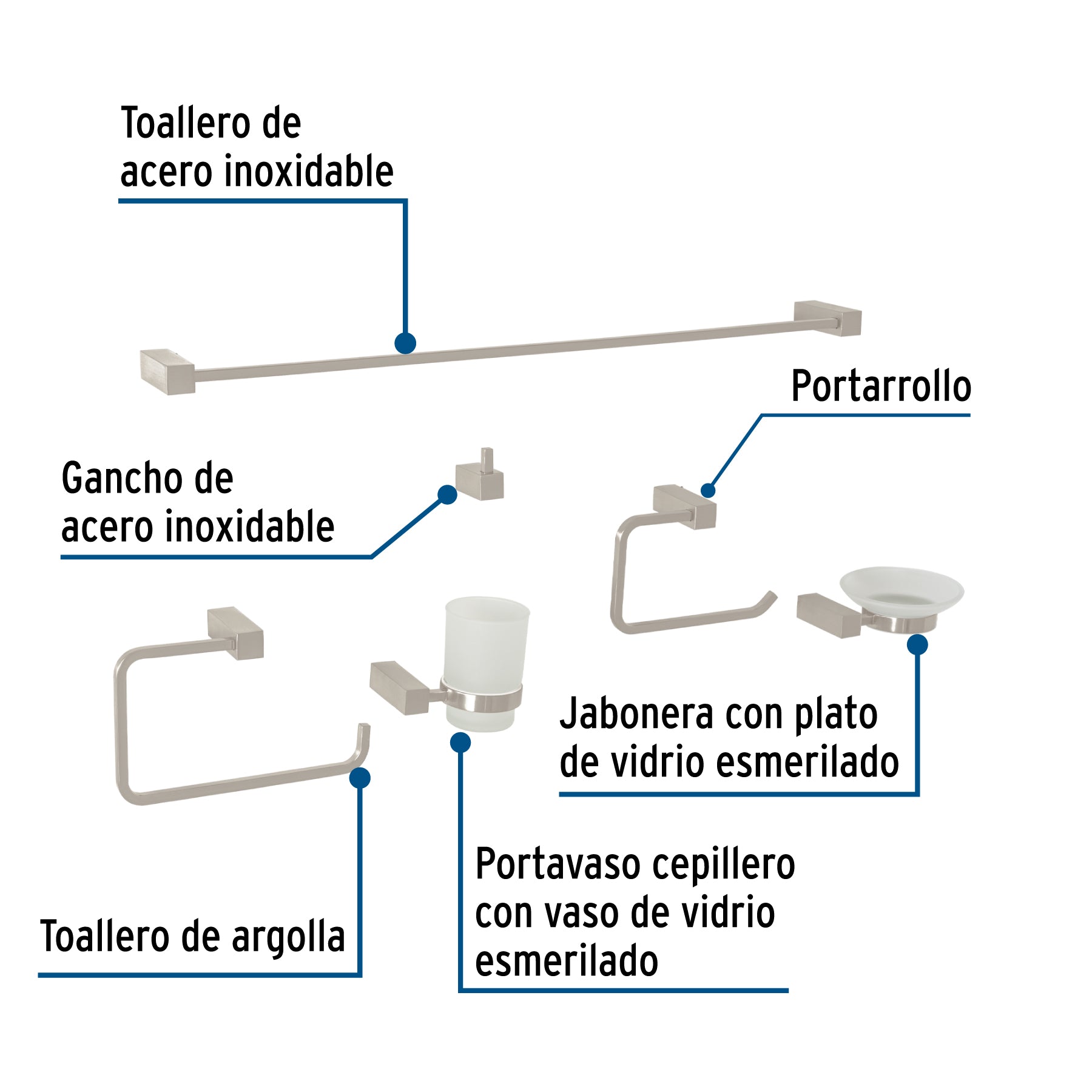 Juego de 6 accesorios para baño, satín, FOSET KUBO