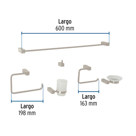 Juego de 6 accesorios para baño, satín, FOSET KUBO