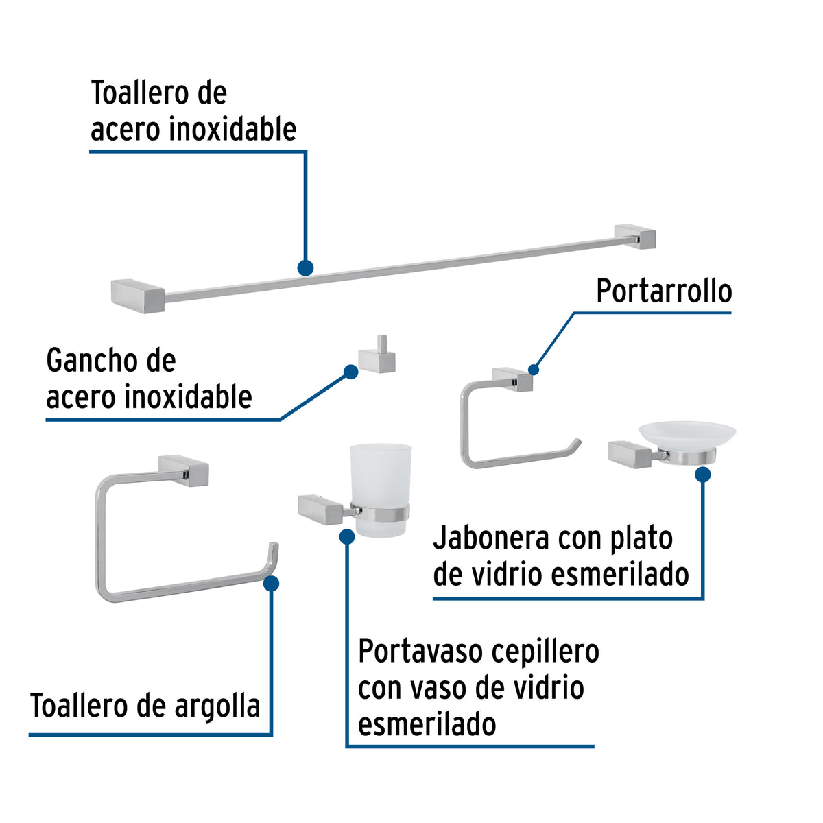 Juego de 6 accesorios para baño, cromo, FOSET KUBO