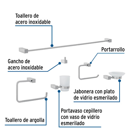 Juego de 6 accesorios para baño, cromo, FOSET KUBO