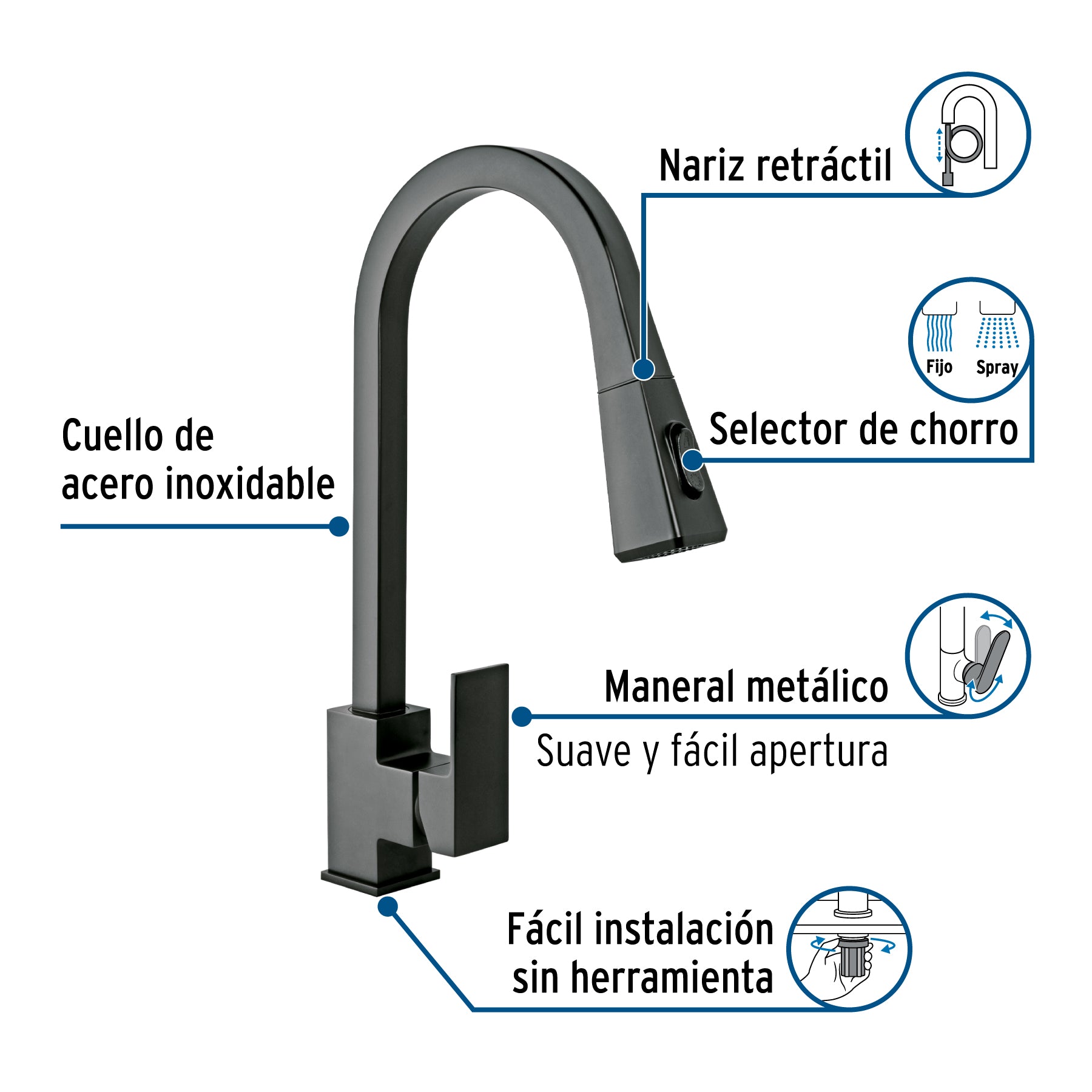 Monomando nariz retráctil para fregadero, negro, FOSET KUBO