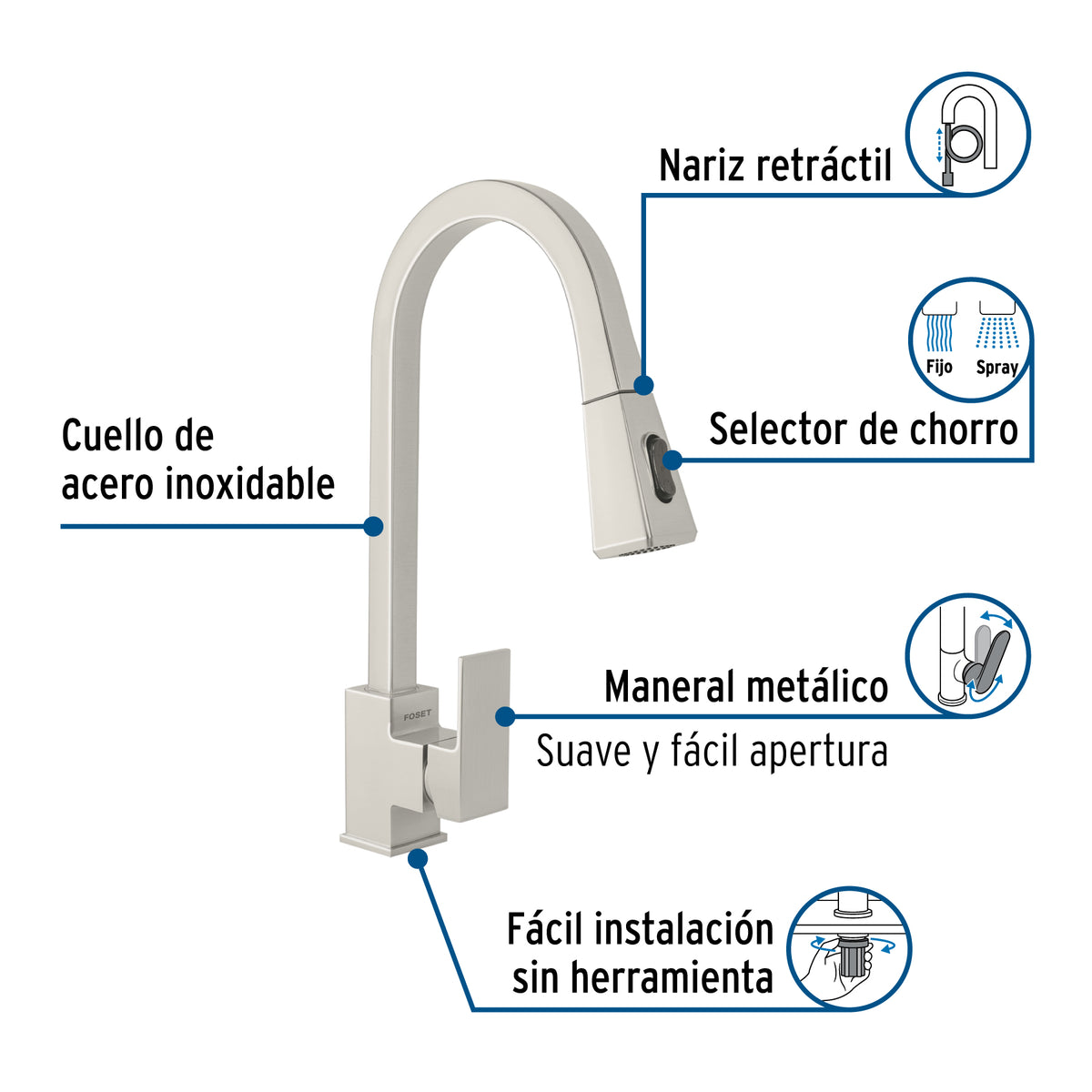 Monomando nariz retráctil para fregadero, satín, FOSET KUBO
