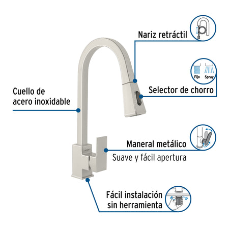 Monomando nariz retráctil para fregadero, satín, FOSET KUBO