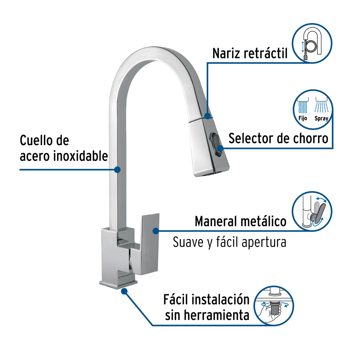 Monomando nariz retráctil para fregadero, cromo, FOSET KUBO