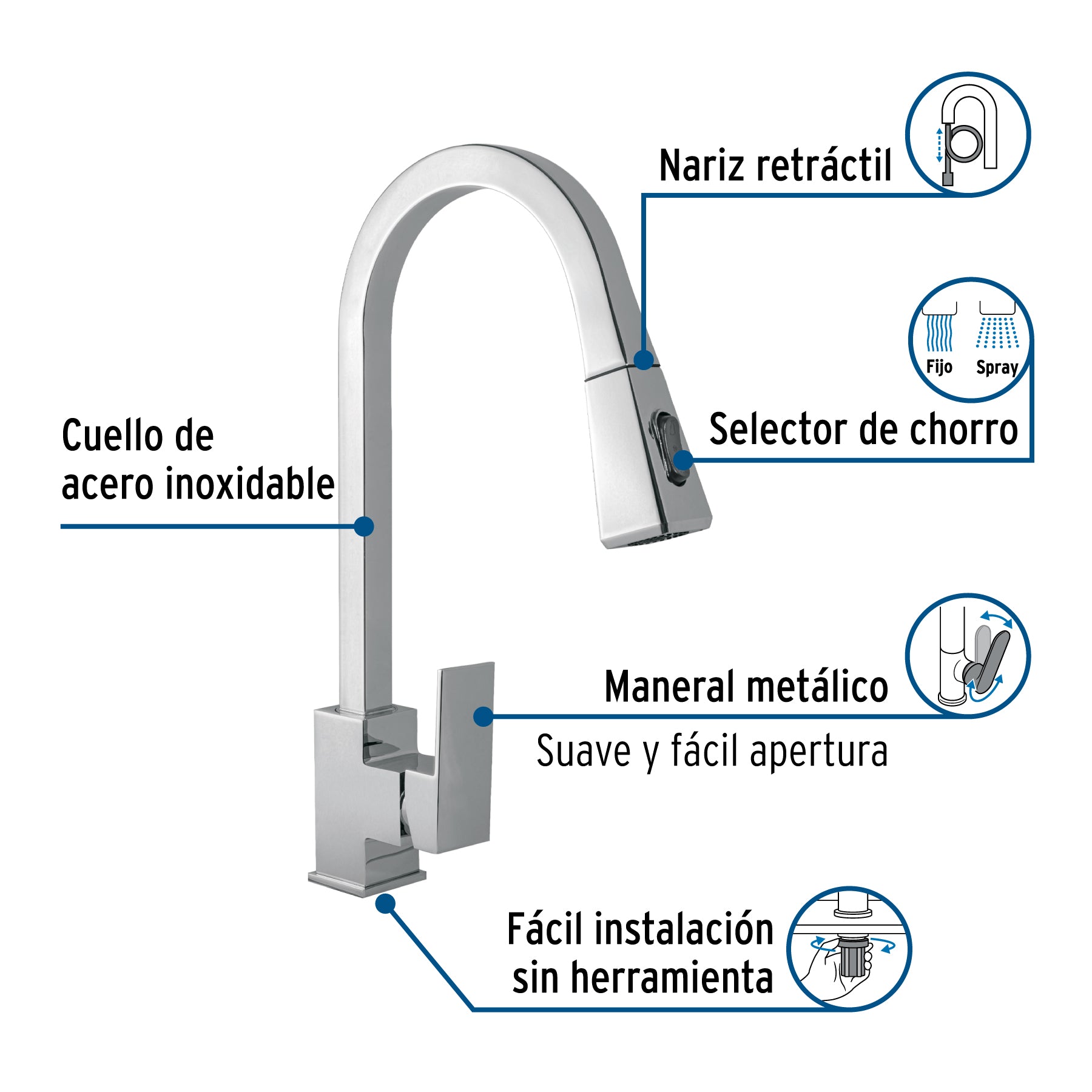 Monomando nariz retráctil para fregadero, cromo, FOSET KUBO