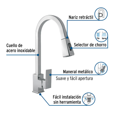 Monomando nariz retráctil para fregadero, cromo, FOSET KUBO