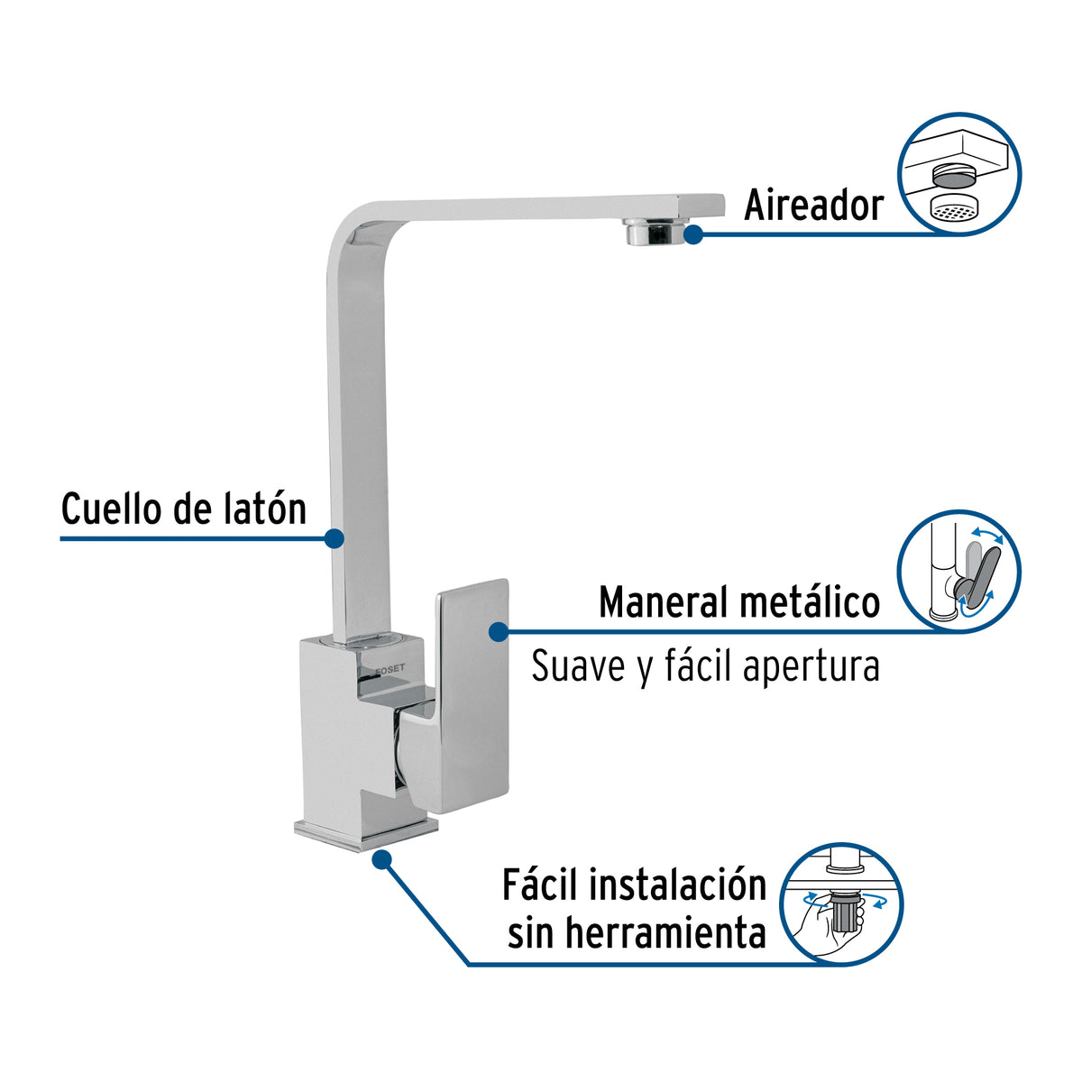 Monomando cuello alto para fregadero, cromo, FOSET KUBO