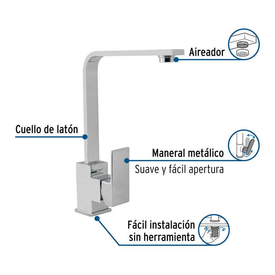 Monomando cuello alto para fregadero, cromo, FOSET KUBO