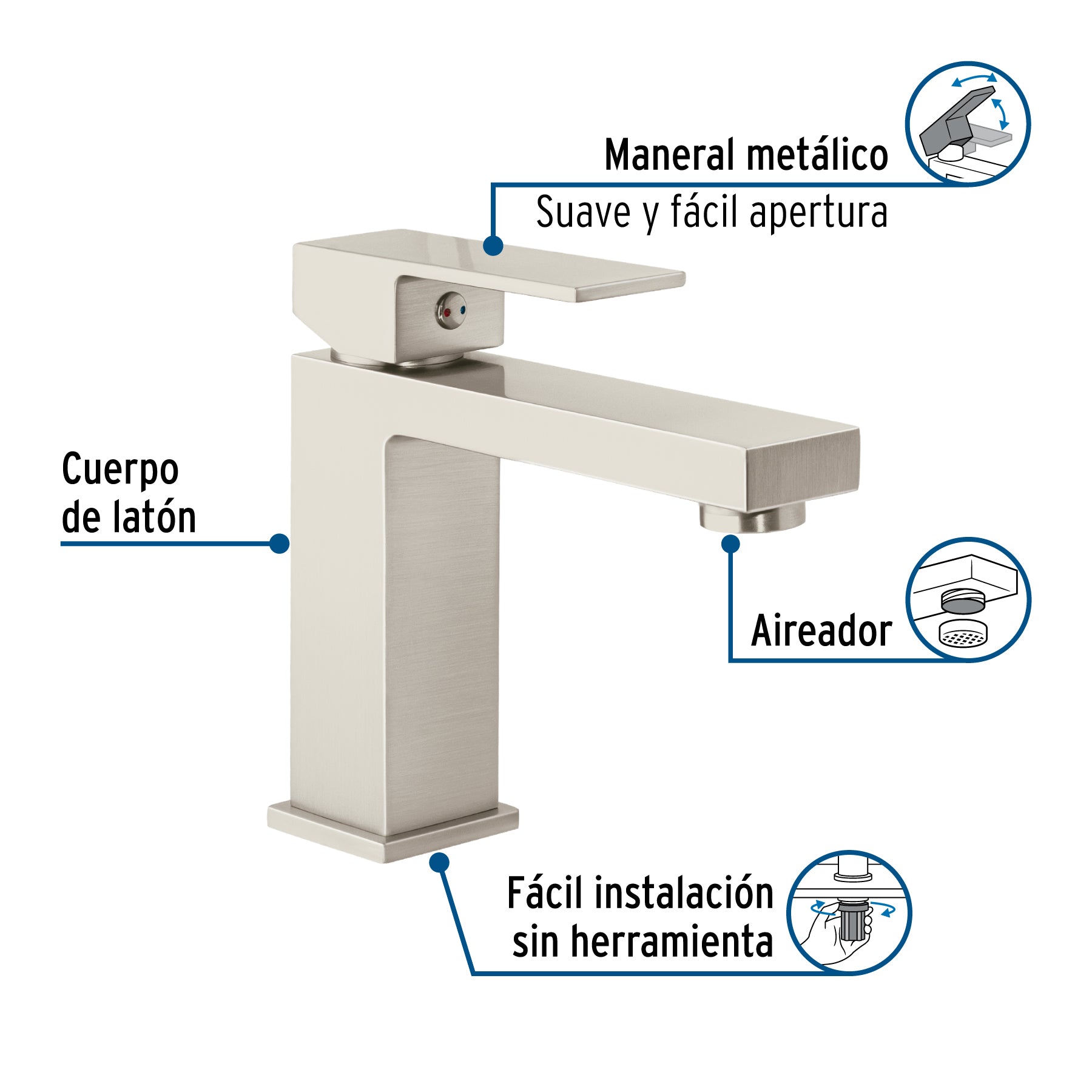 Monomando corto para lavabo, satín, FOSET KUBO