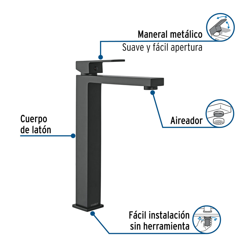 Monomando alto para lavabo, negro, FOSET KUBO