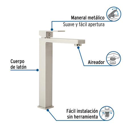 Monomando alto para lavabo, satín, FOSET KUBO