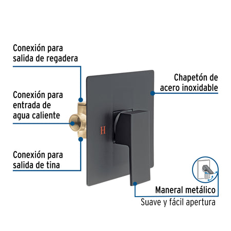 Monomando para regadera sin desviador, negro, FOSET KUBO