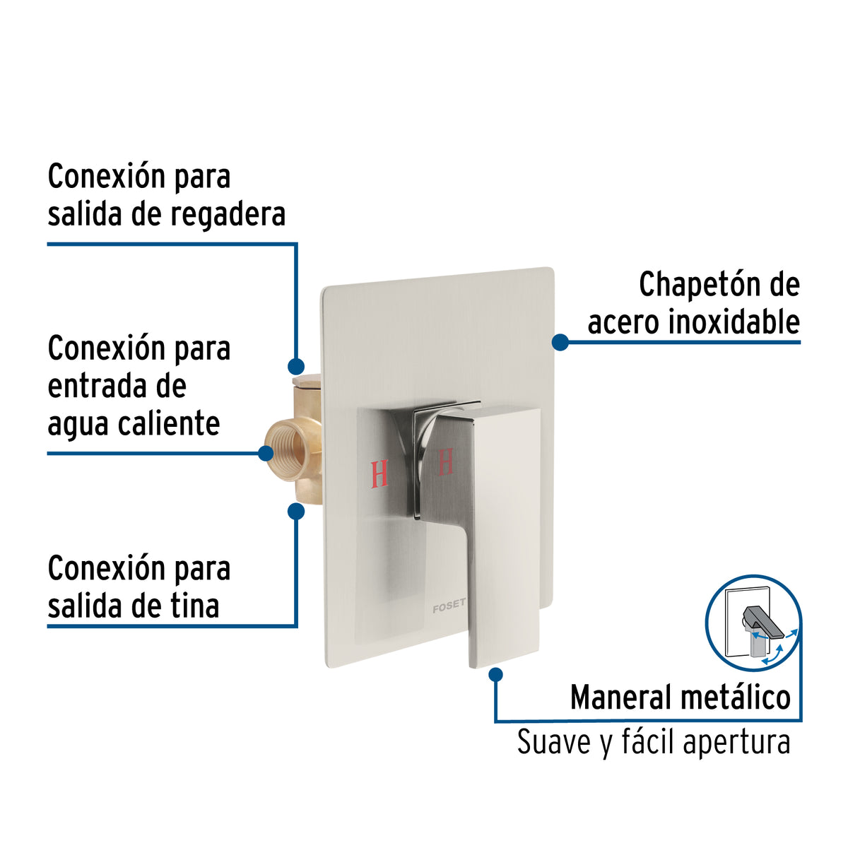 Monomando para regadera sin desviador, satín, FOSET KUBO