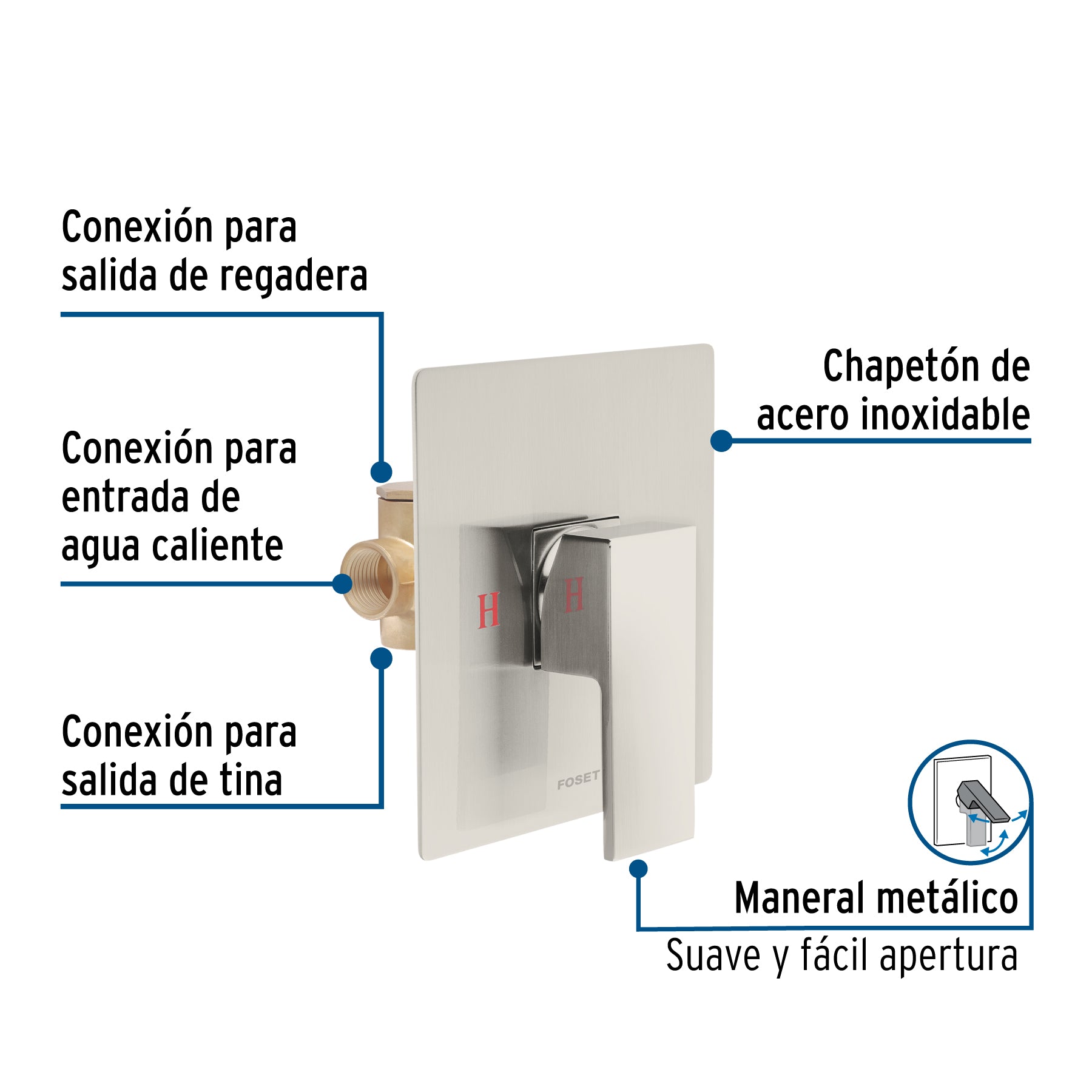 Monomando para regadera sin desviador, satín, FOSET KUBO