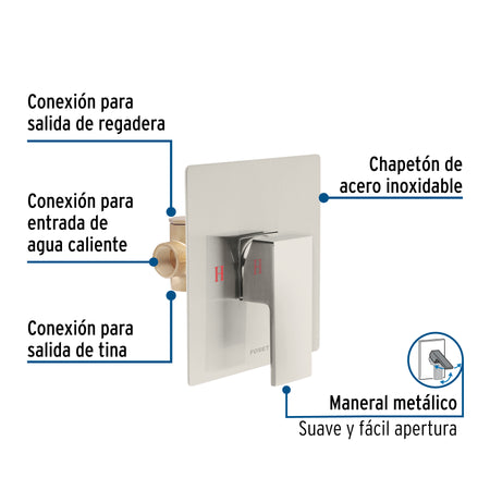 Monomando para regadera sin desviador, satín, FOSET KUBO