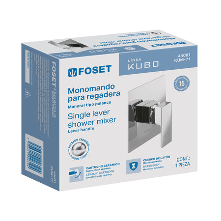 Monomando para regadera sin desviador, cromo, FOSET KUBO
