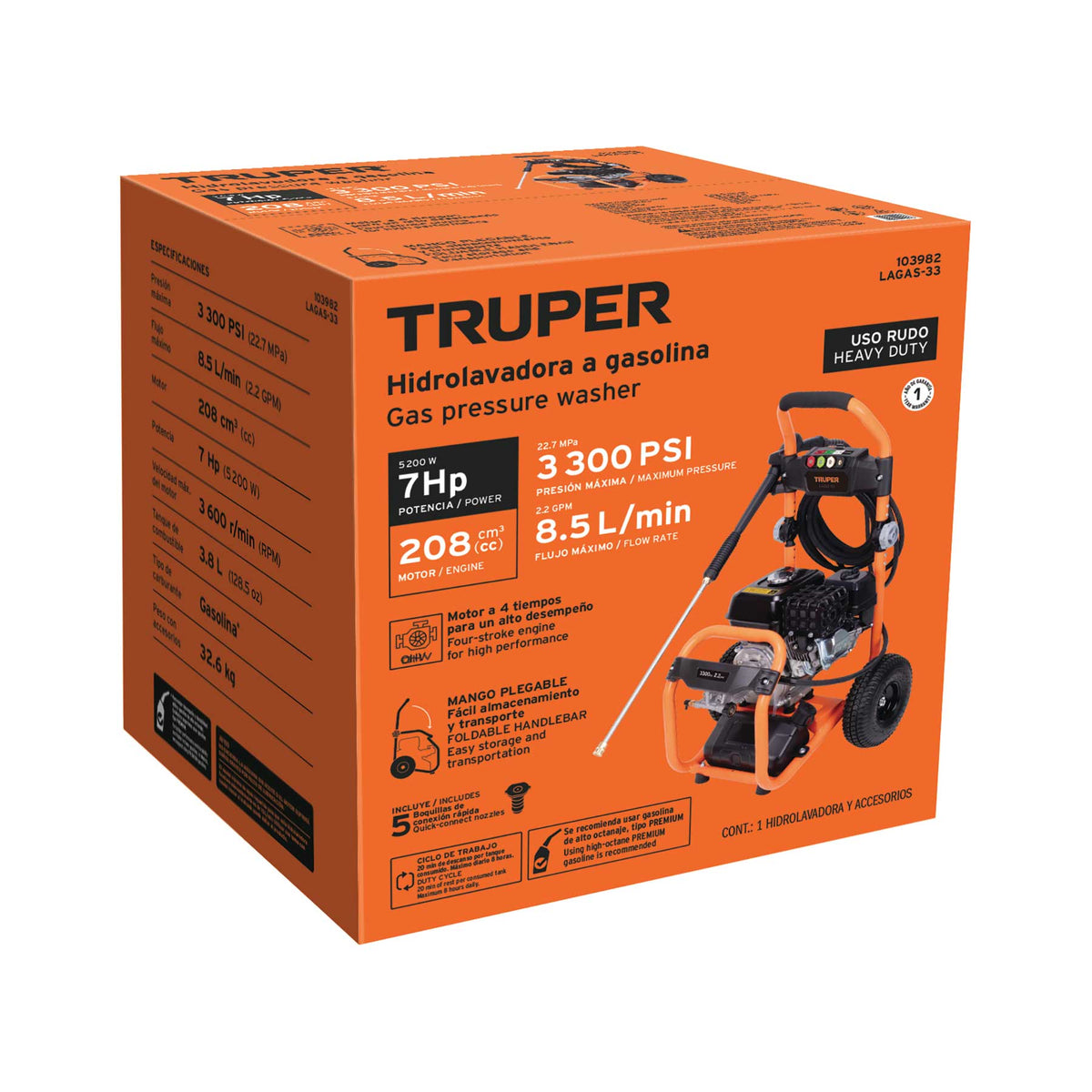 Hidrolavadora con motor a gasolina, 3,300 PSI, TRUPER