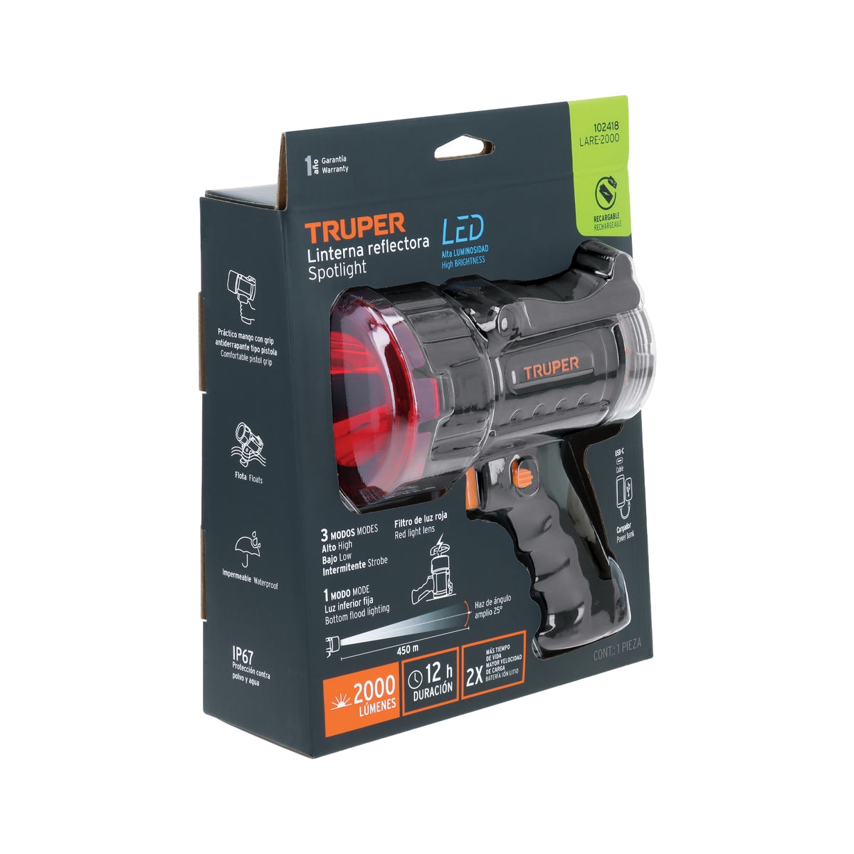 Linterna reflectora LED recargable TRUPER 2000 lm