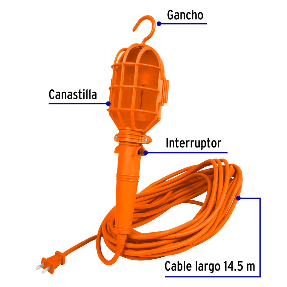 Lámpara de taller con canastilla plástica, 14.5 m, Volteck 14.5 m