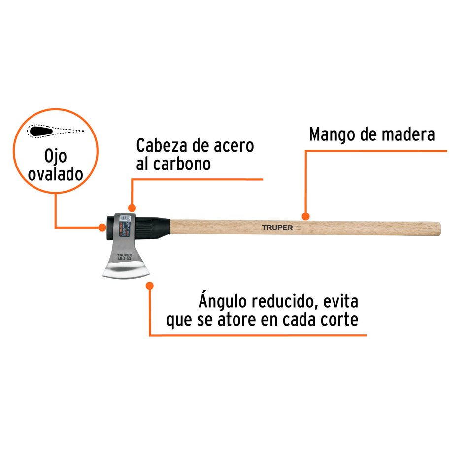 Hacha labor entera 2-1/2 lb, mango de madera 36', TRUPER