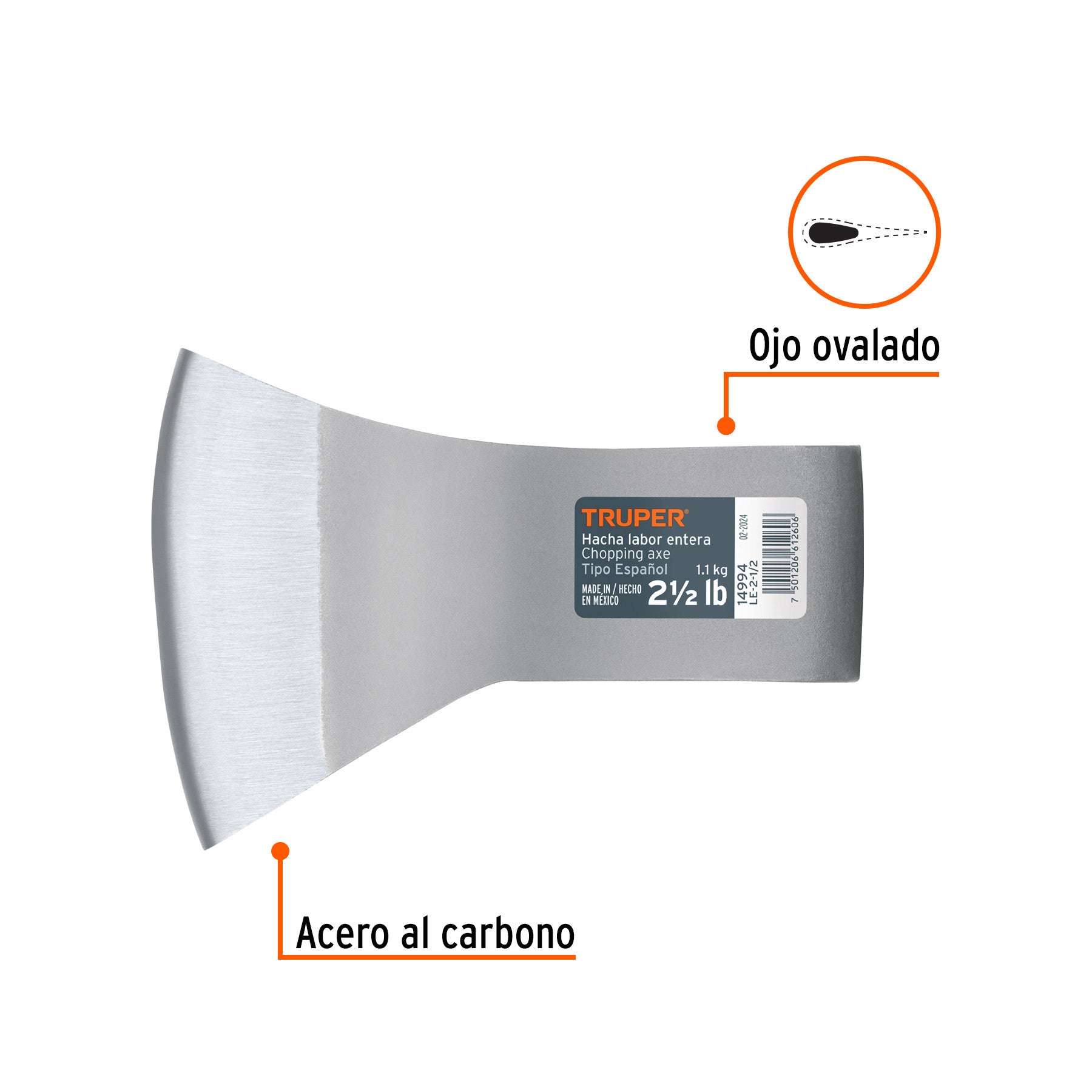 Hacha labor entera 2-1/2 lb, sin mango, TRUPER