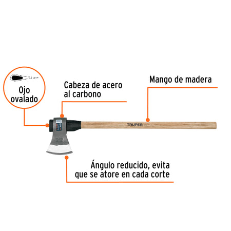 Hacha labor entera 3-1/2lb, mango de madera 36', TRUPER