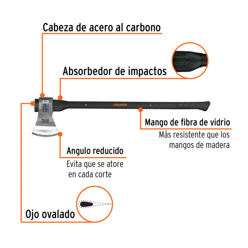 Hacha labor entera 3-1/2 lb, mango de fibra de vidrio 36'