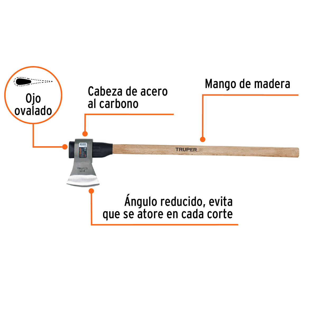 Hacha labor entera 3 lb, mango de madera 36', TRUPER