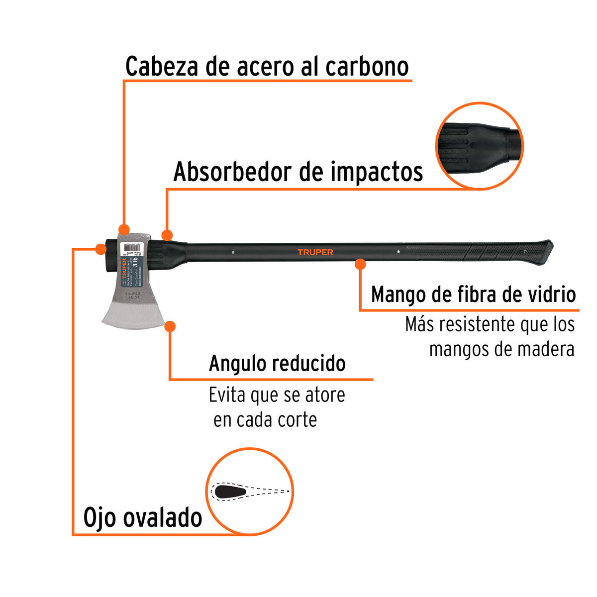 Hacha labor entera 3 lb, mango de fibra de vidrio 36',TRUPER 3 lb, 36'